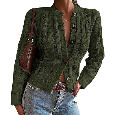 cheap Knit Tops-Women&#039;s Cardigan Solid Color Hollow Out Knitted Button Elegant Casual Chunky Long Sleeve Regular Fit Sweater Cardigans Fall Winter Round Neck Open Front Black Army Green / Holiday