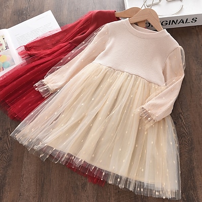 cheap Girls&#039; Clothing-Kids Little Girls&#039; Dress Solid Colored Mesh Red Beige Knee-length Tulle Long Sleeve Cute Sweet Dresses Spring Slim 2-6 Years