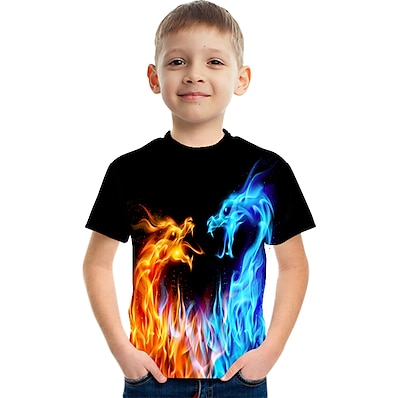 abordables Vêtements Garçons-T-shirt Tee-shirts Garçon Enfants Dragon Manches Courtes Impression 3D Graphique Flamme Animal Bleu Enfants Hauts Actif Nouveauté Chic de Rue Eté Pâques 3-12 ans