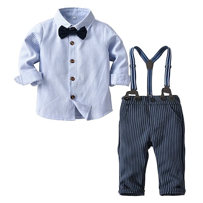 cheap Boys&#039; Clothing-Kids Boys&#039; Suit &amp; Blazer Shirt &amp; Pants Formal Set Long Sleeve 2 Pieces Blue(Boy) Striped Event / Party Performance Cotton Formal 1-4 Years