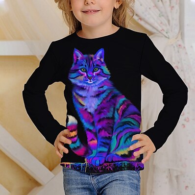 cheap Girls&#039; Clothing-Kids Girls&#039; T shirt Tee Long Sleeve Black 3D Print Cat Print Cat Animal Daily Wear Active 4-12 Years / Fall