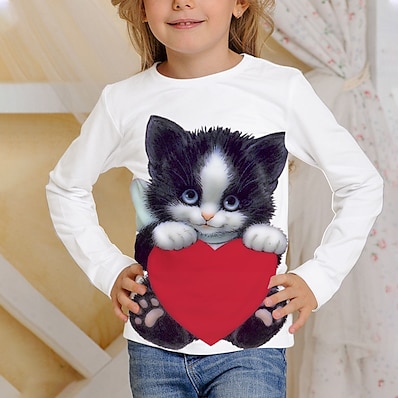 cheap Girls&#039; Clothing-Kids Boys&#039; Girls&#039; T shirt Tee Long Sleeve White Black 3D Print Cat Print Animal School Daily Wear Active 4-12 Years / Fall