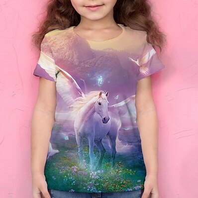 cheap Girls&#039; Clothing-Kids Girls&#039; T shirt Short Sleeve Pale Pink 3D Print Unicorn Active 4-12 Years / Summer