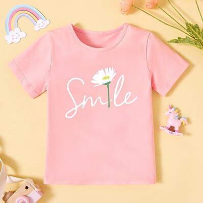cheap Girls&#039; Clothing-Kids Girls&#039; T shirt Short Sleeve Blushing Pink Wine Army Green Hot Stamping Floral Daisy Letter Outdoor Cotton Basic Cute 2-8 Years / Summer
