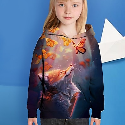cheap Girls&#039; Clothing-Kids Girls&#039; Hoodie Long Sleeve Butterfly Animal 3D Print Dusty Blue Children Tops Active Fall Regular Fit 4-12 Years
