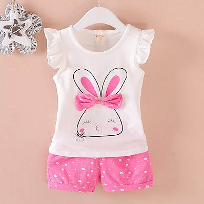 cheap Girls&#039; Clothing-Kid&#039;s Girls&#039; Tank &amp; Cami Shorts Sleeveless 2 Pieces Bunny pink Rabbit Rose Doll pink Cartoon Flower / Floral Bow Cotton Chic &amp; Modern Cute