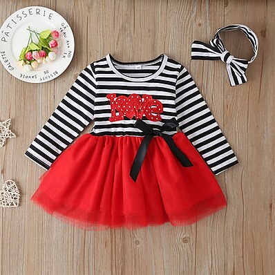 cheap Girls&#039; Clothing-Kid&#039;s Little Girls&#039; Dress Stripes LOVE Bow Red Cotton Long Sleeve Chic &amp; Modern Cute Dresses 1pc 2-6 Years
