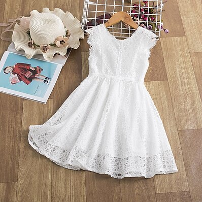 hesapli Kız Çocuk Kıyafetleri-Çocuklar Küçük Elbise Genç Kız Tek Renk Dantel Trim Desen Beyaz Diz-boyu Kolsuz Actif Elbiseler Yaz Normal 5-12 Yıl