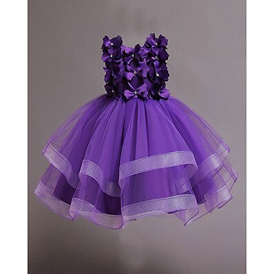 cheap Girls&#039; Clothing-Kids Little Girls&#039; Dress Solid Colored Party Wedding A Line Dress Mesh Bow Purple Green Red Knee-length Sleeveless Princess Sweet Dresses Summer Regular Fit 3-10 Years
