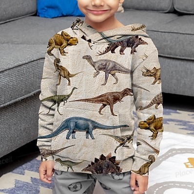 ieftine Haine de Băieți-Copii Băieți Hanorac cu Glugă Manșon Lung Dinozaur Tipărire 3D Bej Copii Topuri Activ Toamnă Fit regulat 4-12 ani