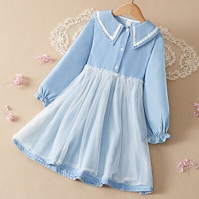 cheap Girls&#039; Clothing-Kids Little Girls&#039; Dress Patchwork Casual Daily Tulle Dress Blue Knee-length Tulle Long Sleeve Cute Dresses Fall Spring 4-13 Years