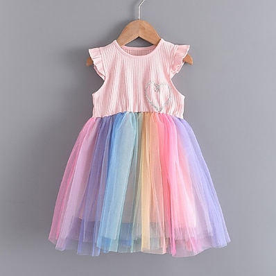 cheap Girls&#039; Clothing-Kids Little Dress Girls&#039; Rainbow Daily A Line Dress Mesh Pink Midi Cotton Sleeveless Casual Cute Dresses Summer Regular Fit 2-6 Years