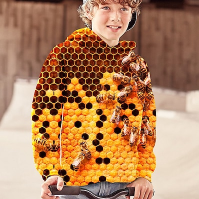 Χαμηλού Κόστους Ρούχα για Αγόρια-Παιδιά Αγορίστικα Φούτερ με Κουκούλα Μακρυμάνικο Κίτρινο 3D εκτύπωση Μέλισσα Ζώο Ενεργό 4-12 χρόνια / Φθινόπωρο