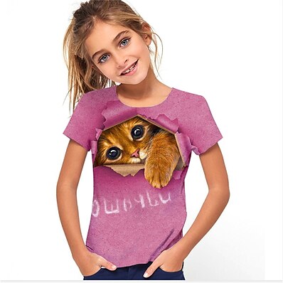 cheap Girls&#039; Clothing-Kids Girls&#039; T shirt Cat Short Sleeve Animal Print Fuchsia Children Tops Active Cute Summer Daily Wear Regular Fit 4-12 Years
