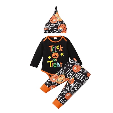 cheap Baby &amp; Toddler Boy-3 Pieces Baby Boys&#039; Casual Daily Cool Cotton Halloween Print Letter Pumpkin Print Regular Long Sleeve Clothing Set Black / Fall / Winter