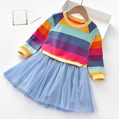 cheap Girls&#039; Clothing-Kids Toddler Little Girls&#039; Dress Rainbow colour Daily Holiday Tulle Dress Mesh Blue Blushing Pink Above Knee Cotton Long Sleeve Beautiful Cute Dresses Fall Spring Loose 3-12 Years
