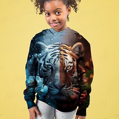 cheap Girls&#039; Clothing-Kids Girls&#039; Hoodie Long Sleeve Blue 3D Print Tiger Animal Active 4-12 Years / Fall