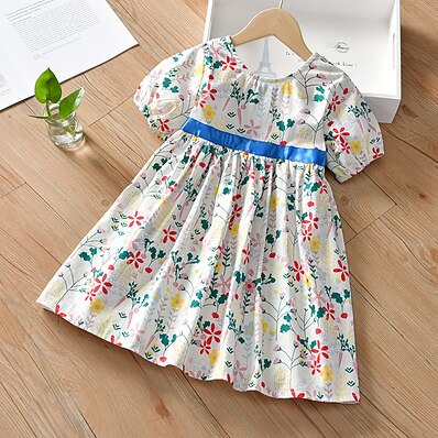 cheap Girls&#039; Clothing-Kid&#039;s Little Dress Girls&#039; Flower / Floral White floral blue belt halter skirt Short Sleeve Chic &amp; Modern Dresses