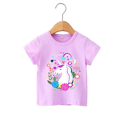 cheap Girls&#039; Tees &amp; Blouses-Kid&#039;s Girls&#039; Tee Short Sleeve Light Purple Rose Red Cartoon Unicorn Solid Color Cotton Basic Chic &amp; Modern Casual
