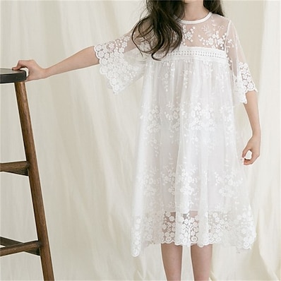 cheap Girls&#039; Clothing-Kids Little Girls&#039; Dress Floral / Botanical Solid Color Daily Wear Short sleeve Long sleeves (8 points) Lace Short Sleeve Casual / Daily Dresses All Seasons 3-13 Years