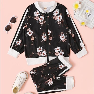 cheap Girls&#039; Clothing-Kids Girls&#039; Clothing Set Long Sleeve 2 Pieces Black Print Floral Street Casual / Daily Cotton Regular Comfort Sports 2-8 Years / Fall / Winter