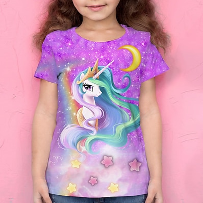 cheap Girls&#039; Clothing-Kids Girls&#039; T shirt Short Sleeve 3D Print Galaxy Unicorn Green Purple Pink Children Tops Active Summer Daily Outdoor Regular Fit 4-12 Years