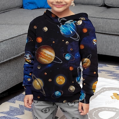 cheap Boys&#039; Clothing-Kids Boys&#039; Hoodie Long Sleeve Galaxy Space 3D Print Black Children Tops Active Fall Regular Fit 4-12 Years