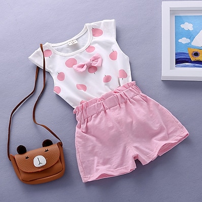 cheap Girls&#039; Clothing-Kid&#039;s Girls&#039; T-shirt &amp; Shorts Sleeveless 2 Pieces Apple vest blue Apple vest pink Cartoon Cute Cotton Chic &amp; Modern Cute / Summer