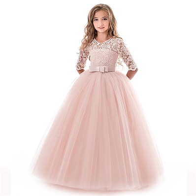 hesapli Kız Çocuk Kıyafetleri-Çocuklar Küçük Elbise Genç Kız Solid Pegeant Fiyonklar Nane rengi A yazın B Tipi Maksi Nostaljik Prenses Elbiseler