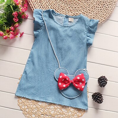 cheap Girls&#039; Clothing-Kid&#039;s Little Girls&#039; Dress Solid Color Bow Denim Blue Chic &amp; Modern Casual Cute Dresses