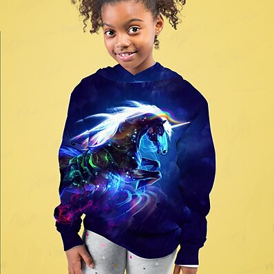 cheap Girls&#039; Hoodies &amp; Sweatshirts-Kids Girls&#039; Hoodie Long Sleeve Unicorn 3D Print Purple Children Tops Active Fall Regular Fit 4-12 Years