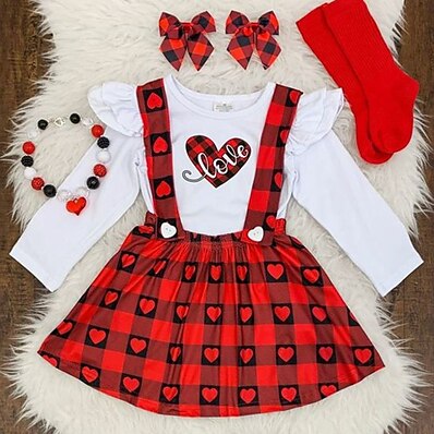 cheap Girls&#039; Clothing-Toddler Girls&#039; T-shirt &amp; Skirt Long Sleeve 2 Pieces Red Print Plaid Heart Cute 1-5 Years / Fall