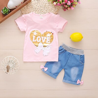 cheap Girls&#039; Clothing-Kid&#039;s Girls&#039; Clothing Set 2 Pieces Pink Light Green Red Heart Daily Cotton Basic 1-3 Years / Spring / Summer