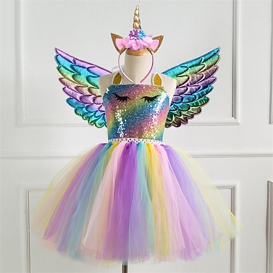 cheap Girls&#039; Clothing-Kids Little Girls&#039; Dress Rainbow Colorful Unicorn Party Tutu Dresses Photography Sequins Halter Purple Silver Gold Tulle Princess Cute Dresses Three Piece 2-8 Years