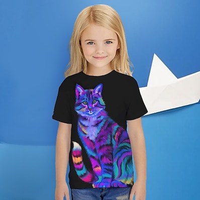 cheap Girls&#039; Clothing-Kids Girls&#039; T shirt Short Sleeve Black 3D Print Cat Daily Outdoor Active Fashion Cute 3-13 Years / Summer