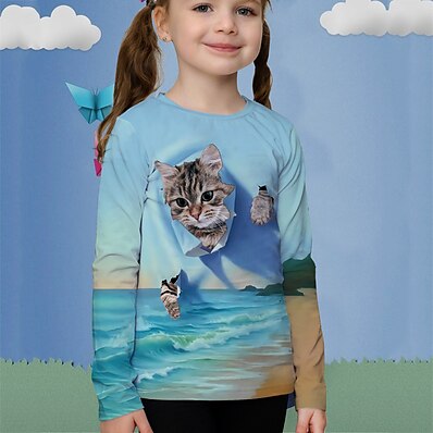 cheap Girls&#039; Clothing-Kids Girls&#039; T shirt Long Sleeve Light Blue 3D Print Cat Animal Active 4-12 Years / Fall