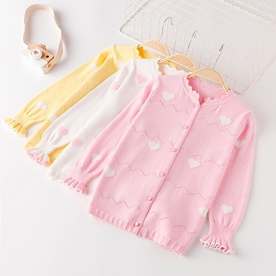 cheap Girls&#039; Clothing-Kids Girls&#039; Cardigan Long Sleeve Blushing Pink White Yellow Heart Cotton Basic / Fall / Spring