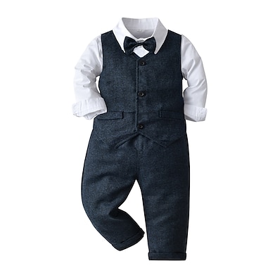 cheap Baby &amp; Toddler Boy-Kids Toddler Boys&#039; Suit &amp; Blazer Formal Set Clothing Set Long Sleeve 4 Pieces Blue White Print Birthday Formal Cotton Basic / Fall / Winter / Spring