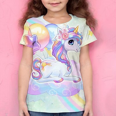 cheap Girls&#039; Clothing-Kids Girls&#039; T shirt Short Sleeve Rainbow 3D Print Rainbow Unicorn Active 4-12 Years / Summer