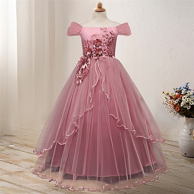 cheap Kids-Kids Little Girls&#039; Dress Floral Flower Tulle Dress Formal Wedding Party Birthday Party Beads Bow Red Blushing Pink Navy Blue Elegant Gowns Dresses