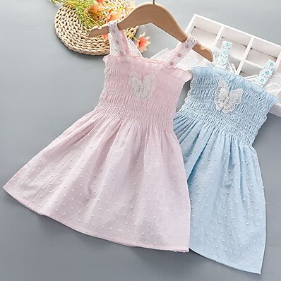 cheap Girls&#039; Clothing-Kids Little Girls&#039; Dress Butterfly Dot Daily Wear Light Pink Light Blue Cotton Sleeveless Casual Daily Dresses Summer 1-6 Years