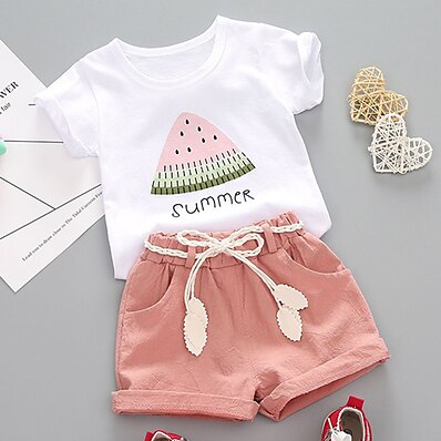 cheap Girls&#039; Clothing-Kid&#039;s Girls&#039; T-shirt &amp; Shorts Short Sleeve 2 Pieces Green Pink Cartoon Cotton Basic Chic &amp; Modern