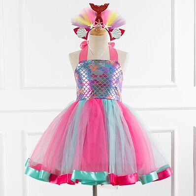 cheap Girls&#039; Clothing-Kids Little Girls&#039; Dress Mermaid Party Birthday Tulle Dress Backless Print Blue Pink As Picture Above Knee Tulle Sleeveless Princess Costume Sweet Dresses Fall Spring Children&#039;s Day Slim 3-12 Years