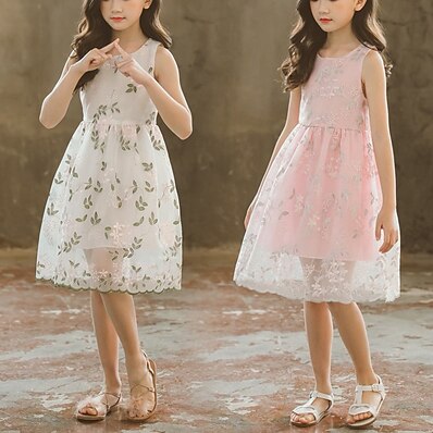 저렴한 여아 의류-아동 작은 여아 드레스 꽃 / 식물 한 색상 일상복 블러슁 핑크 베이지 면 민소매 캐쥬얼 / 데일리 드레스 여름 3 ~ 12 세