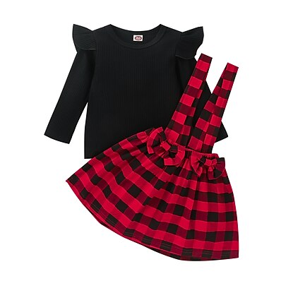 cheap Girls&#039; Clothing Sets-Kids Girls&#039; Clothing Set Long Sleeve 2 Pieces Red Bow Print Plaid Cotton Regular Casual Street Style 1-5 Years / Fall / Winter