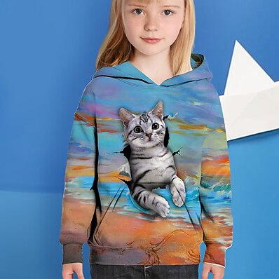 cheap Girls&#039; Clothing-Kids Girls&#039; Hoodie Long Sleeve Blue 3D Print Cat Animal Active 4-12 Years / Fall