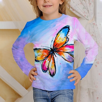 abordables NIÑOS-Niños Chica Camiseta Manga Larga Mariposa Impresión 3D Azul Piscina Niños Tops Activo Otoño Ajuste regular 4-12 años