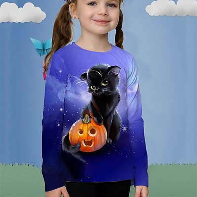 cheap Girls&#039; Clothing-Kids Girls&#039; T shirt Long Sleeve Purple 3D Print Cat Pumpkin Animal Active 4-12 Years / Fall