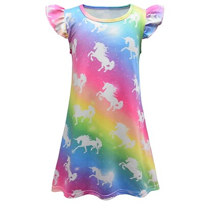 cheap Girls&#039; Clothing-Kids Little Girls&#039; Dress Unicorn colour Animal Birthday Casual A Line Dress Print Rainbow Maxi Short Sleeve Princess Cute Dresses Summer Regular Fit 2-8 Years