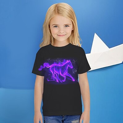 cheap Girls&#039; Tees &amp; Blouses-Kids Girls&#039; T shirt Tee Short Sleeve Horse Unicorn Graphic 3D Animal Print Black Children Tops Active Cute